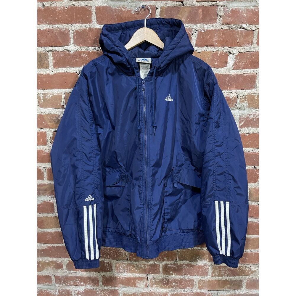 Rare Vintage ADIDAS Spell Out Striped Full Zip Hooded Jacket 90s Navy L